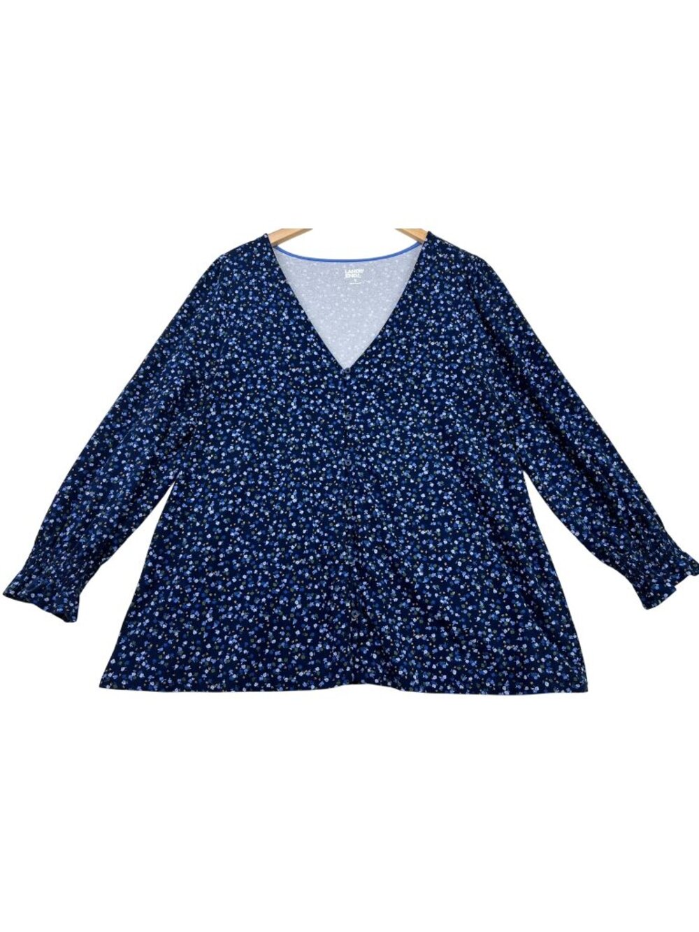 Lands' End Women's Jersey Button Front Top 3/4 Sleeve Lightweight XL Blue Floral